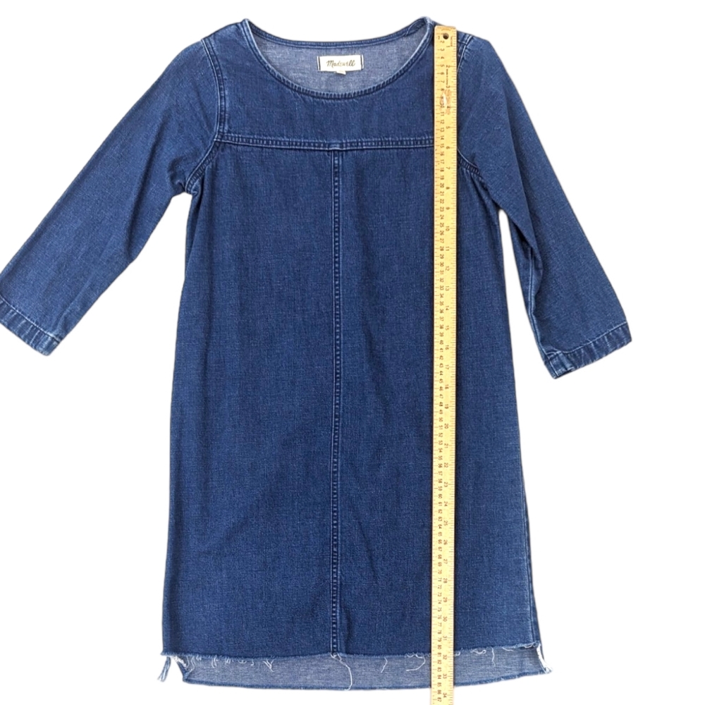 Madewell Denim Step Hem Dress Denim Shift Dress 3/4 Sleeve Raw Hem Womens XXS - Picture 8 of 10